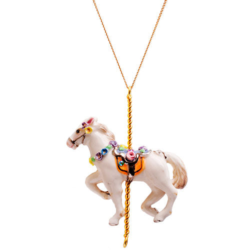 Horse is a hero. The porcelain horse pendant is handmade and hand painted with real gold, real silver and colour. Embellished with Swarovski crystal detail. Each piece is unique and hand finished. Come with 28'' gold plated chain. Adding a chic edge to any look.