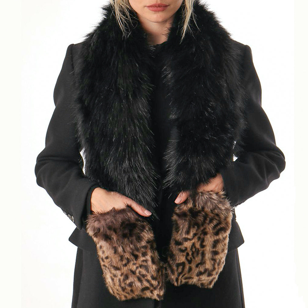 Black Natural Leopard Faux Fur Pocket Scarf